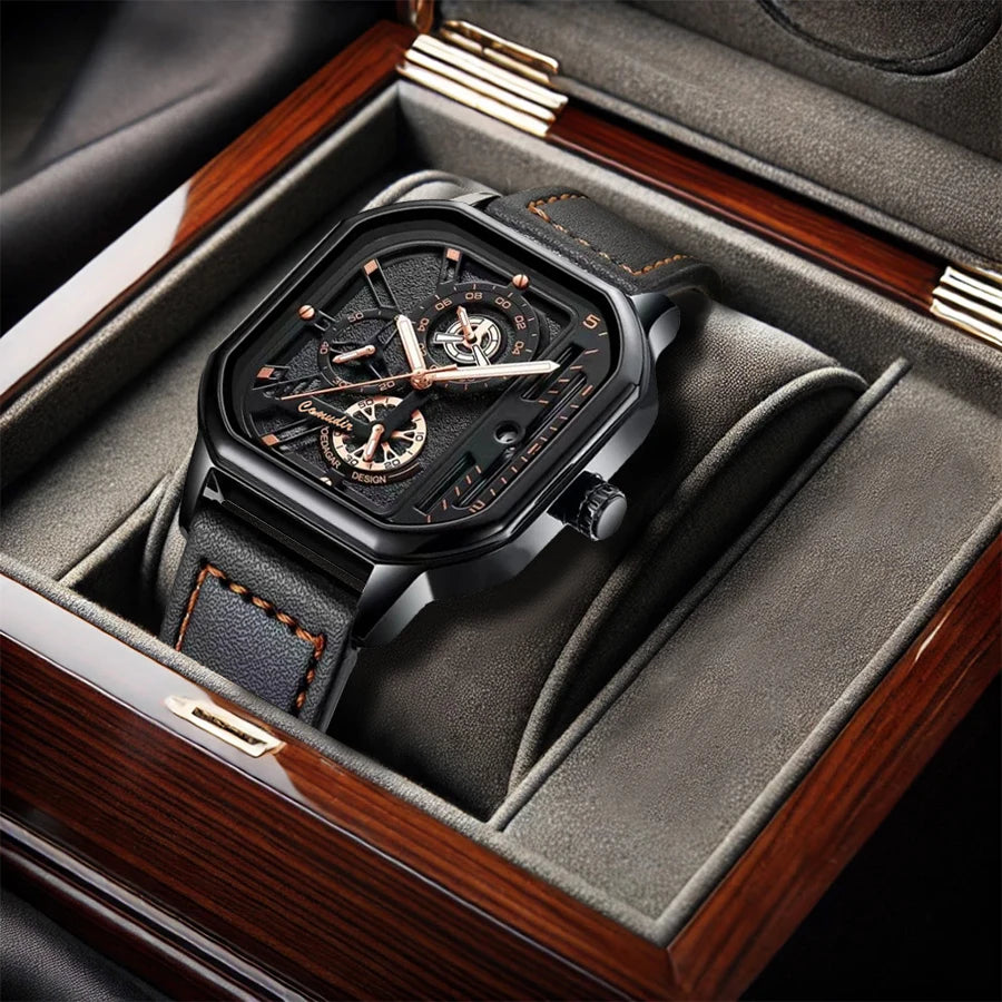 New men's watch sports fashion trend, high aesthetic value, luminous square dial, black leather strap, men's quartz watch