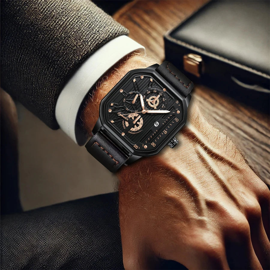 New men's watch sports fashion trend, high aesthetic value, luminous square dial, black leather strap, men's quartz watch