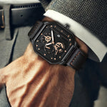 New men's watch sports fashion trend, high aesthetic value, luminous square dial, black leather strap, men's quartz watch