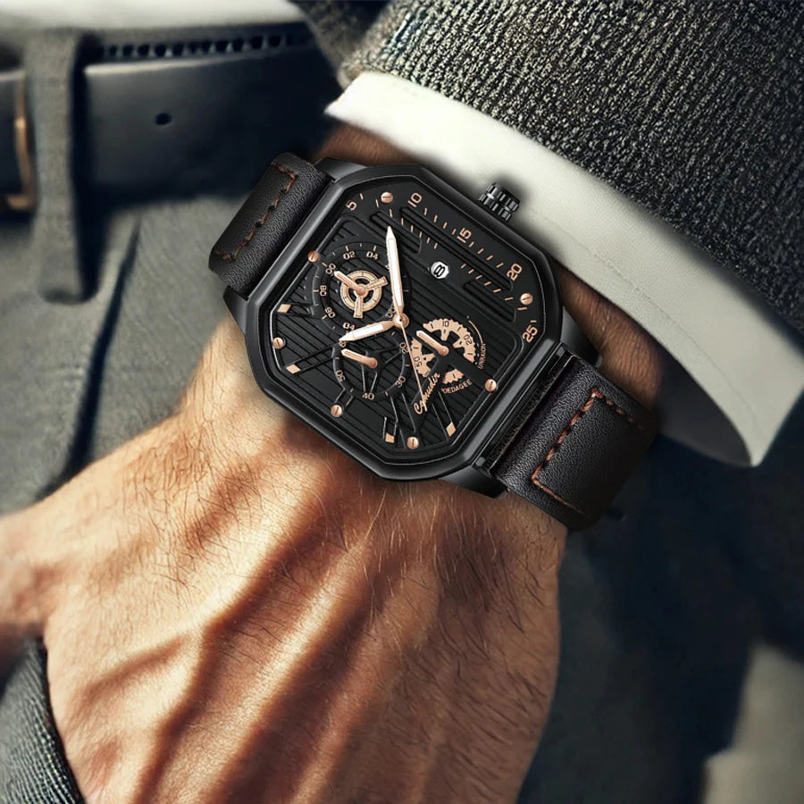 New men's watch sports fashion trend, high aesthetic value, luminous square dial, black leather strap, men's quartz watch