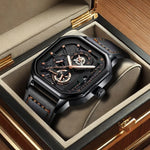 New men's watch sports fashion trend, high aesthetic value, luminous square dial, black leather strap, men's quartz watch