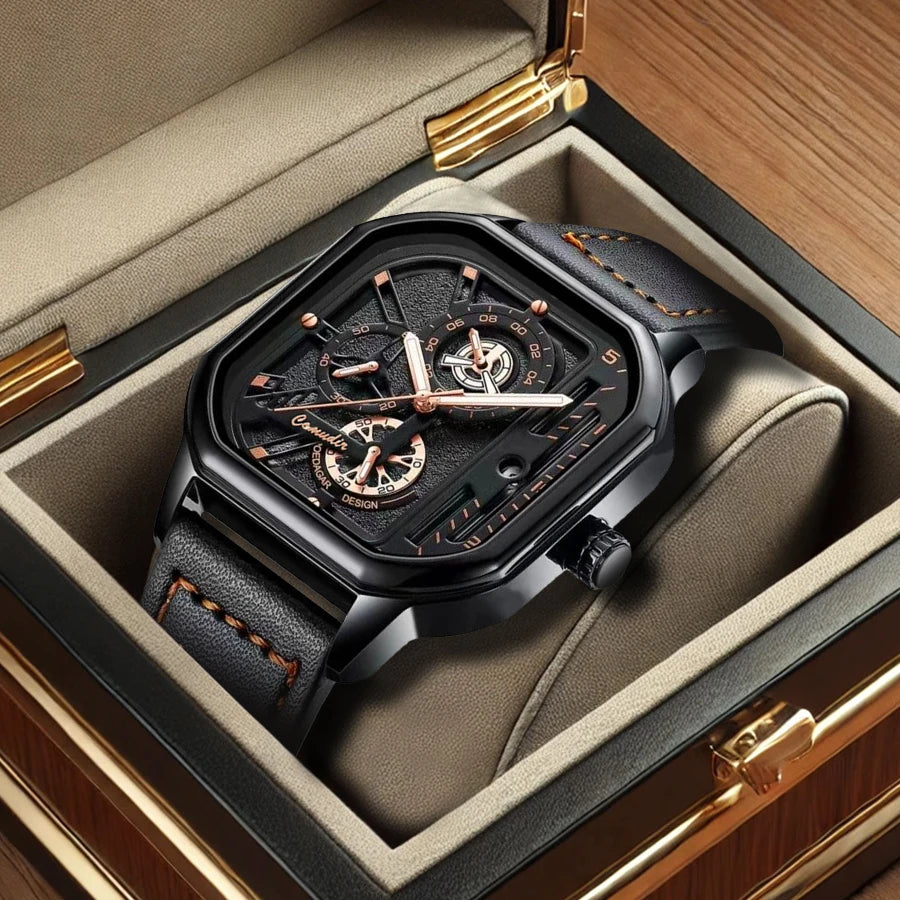New men's watch sports fashion trend, high aesthetic value, luminous square dial, black leather strap, men's quartz watch