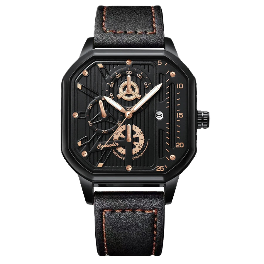 New men's watch sports fashion trend, high aesthetic value, luminous square dial, black leather strap, men's quartz watch