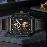 New men's watch sports fashion trend, high aesthetic value, luminous square dial, black leather strap, men's quartz watch