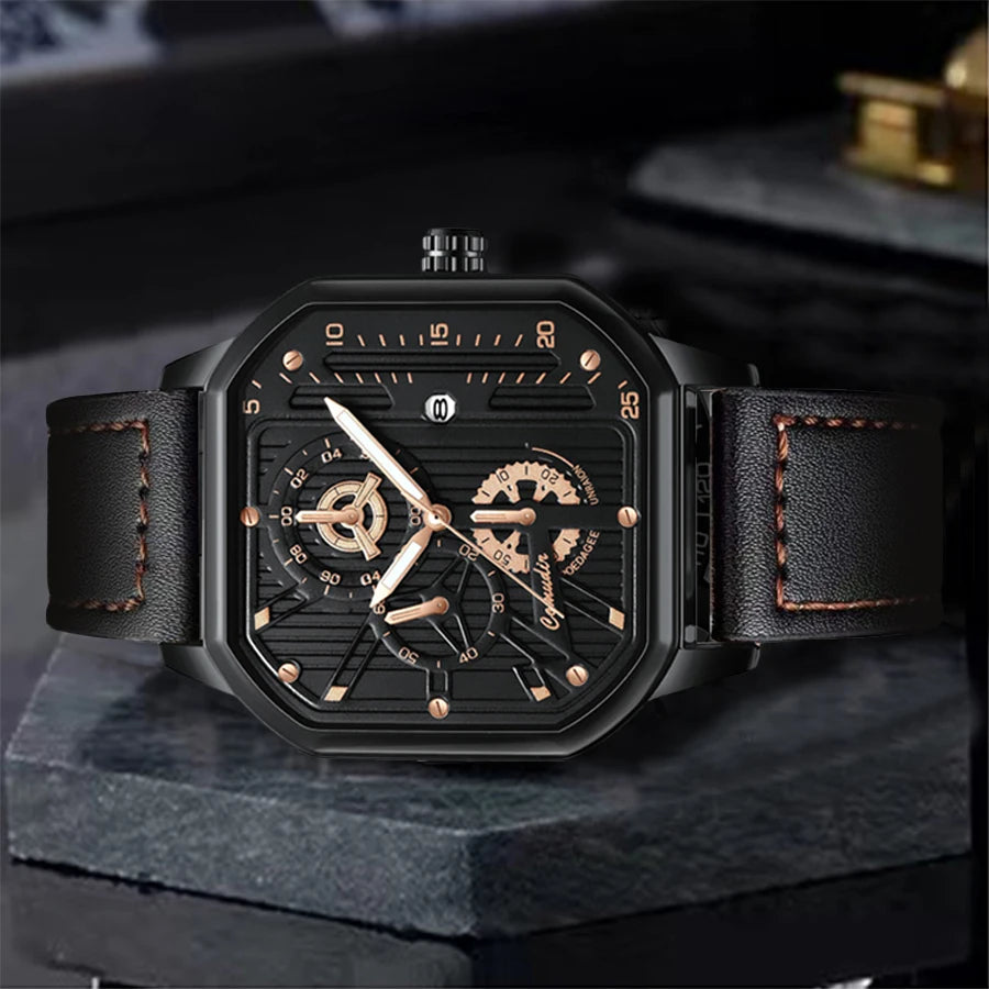 New men's watch sports fashion trend, high aesthetic value, luminous square dial, black leather strap, men's quartz watch