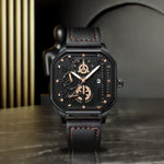 New men's watch sports fashion trend, high aesthetic value, luminous square dial, black leather strap, men's quartz watch