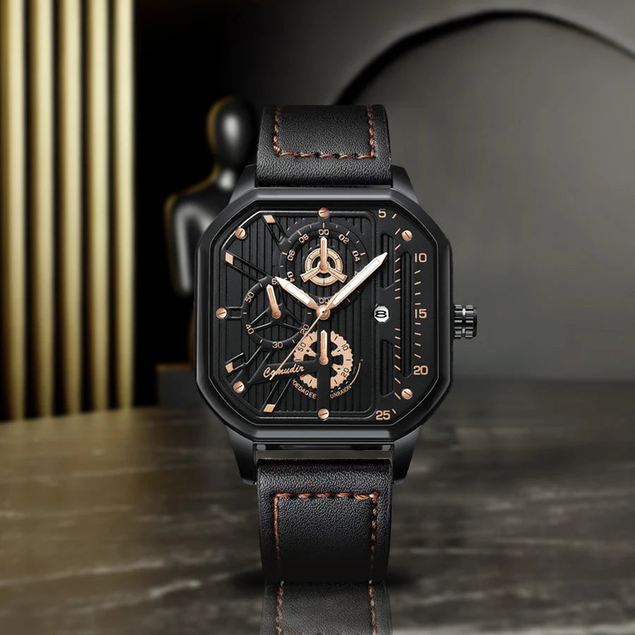 New men's watch sports fashion trend, high aesthetic value, luminous square dial, black leather strap, men's quartz watch