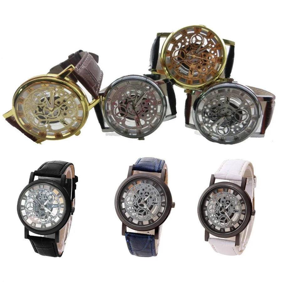 Men High-End Quartz Wristwatches Fashion Trend Stainless Steel Dial Sport Leather Band Watches Creative Hollow Out Dial Watch