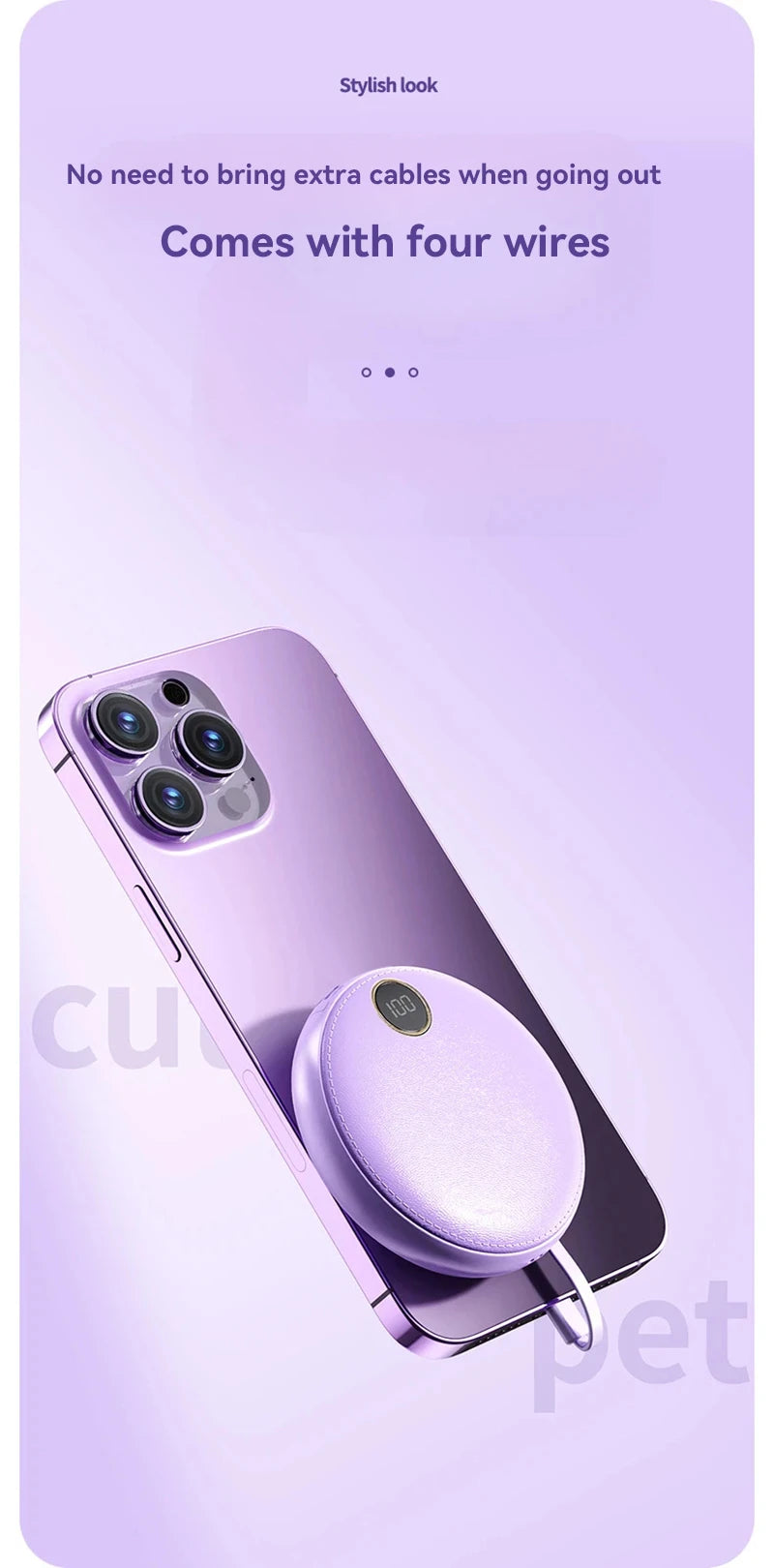 20000mAh Mini Powerbank Portable Round Self-wired  Fast Charging High Capacity Digital Display Power Bank For Iphone Xiaomi