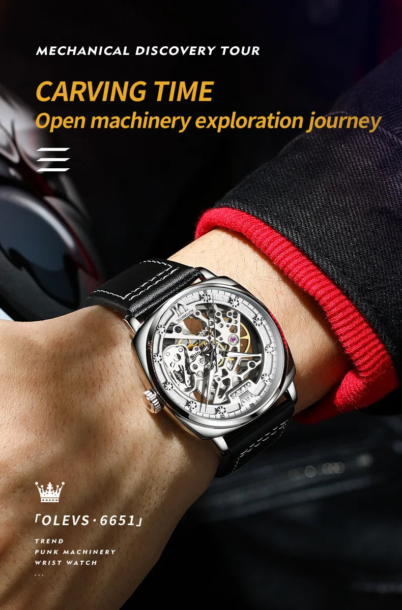 OLEVS 6651 Top Brand Men Watches Fashion Dress Automatic Mechanical Wristwatch Wateproof Luminous Hollow Flywheel Watch for man
