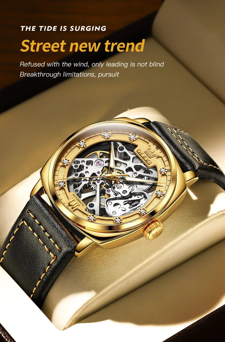 OLEVS 6651 Top Brand Men Watches Fashion Dress Automatic Mechanical Wristwatch Wateproof Luminous Hollow Flywheel Watch for man