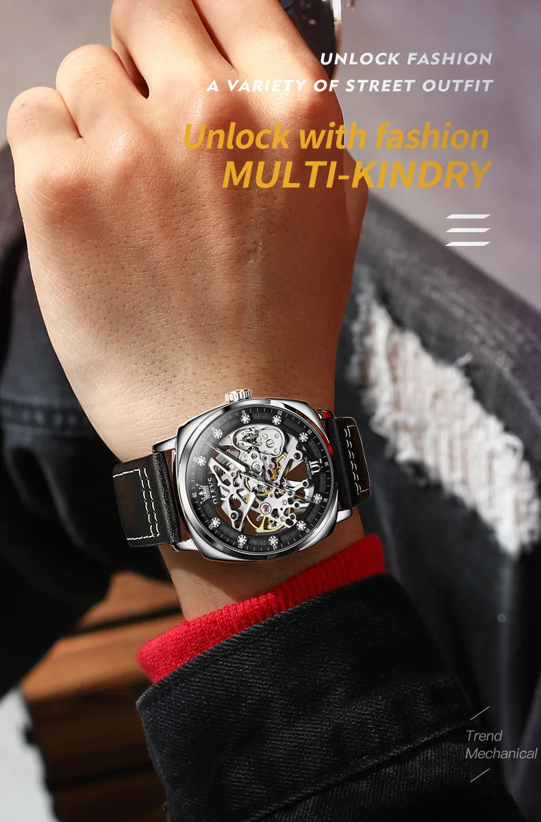 OLEVS 6651 Top Brand Men Watches Fashion Dress Automatic Mechanical Wristwatch Wateproof Luminous Hollow Flywheel Watch for man