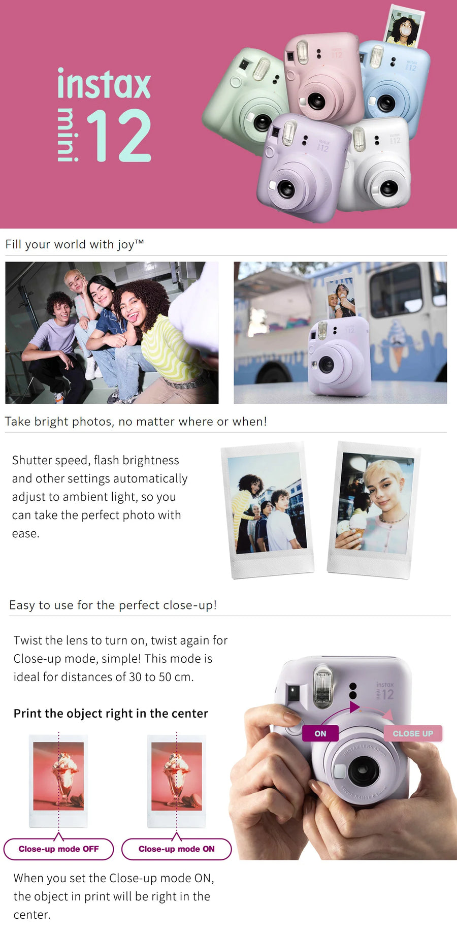 Original Fujifilm Instax Mini 12 Camera + 20 Sheets Instax Mini Film+ Album +Case Bag+ 10 in 1 Kits For Girl New Year Day Gifts
