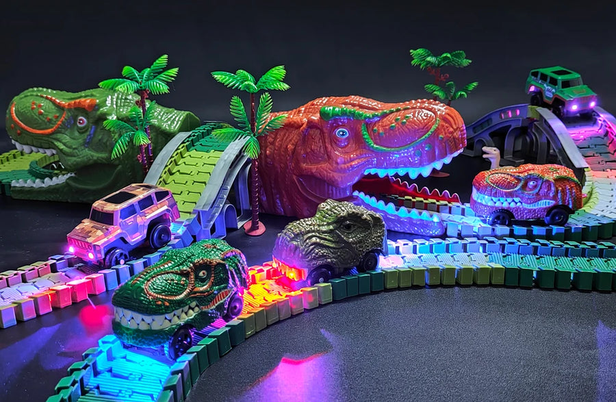 Railway Racing Track Play Set Educational DIY Bend Flexible Race Track Electronic Flash LED Light Car Dino Toys For Children