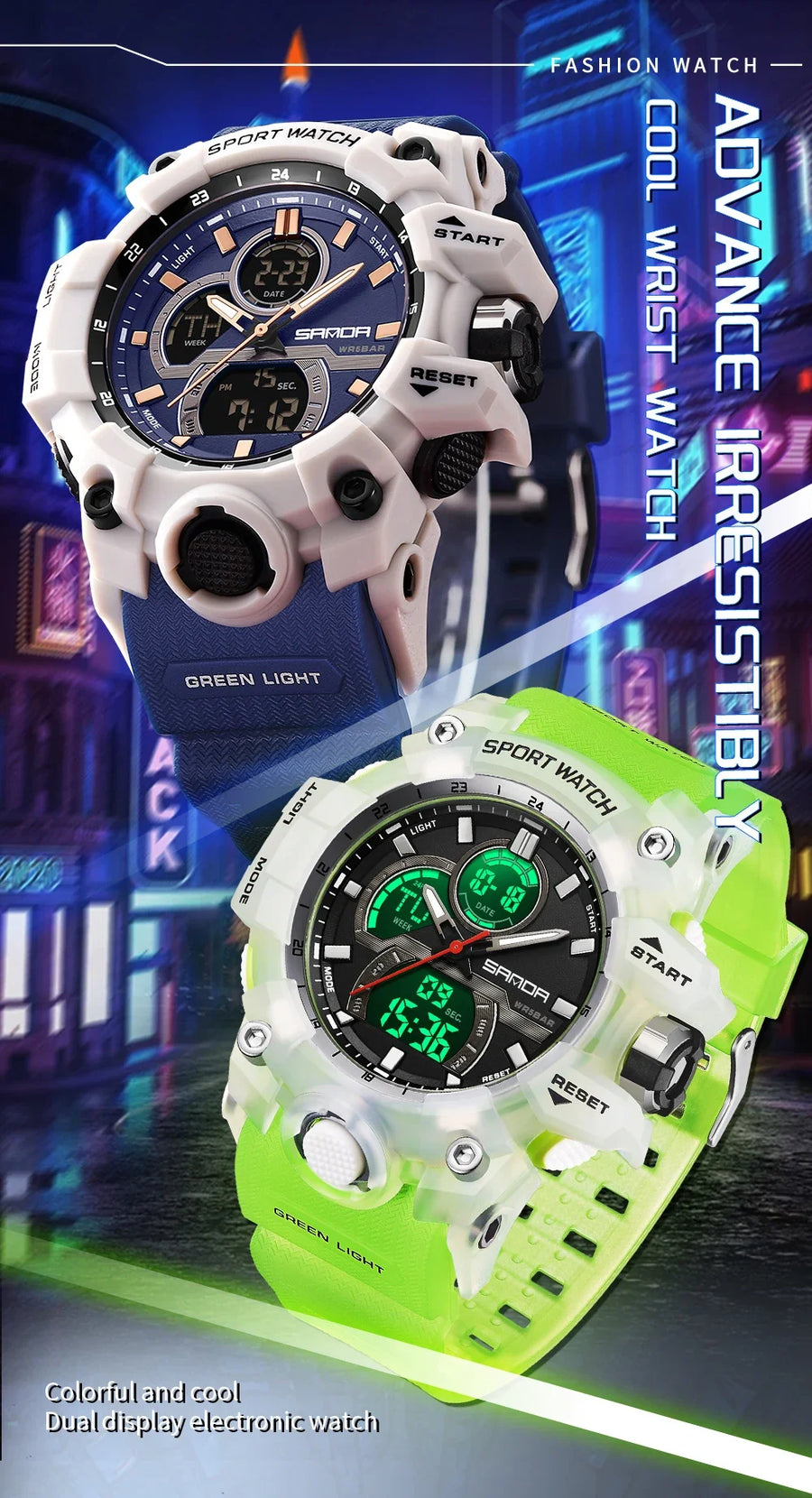 SANDA New 6198 Electronic Watch Fashion Trend Dual Screen Multi functional Outdoor Sports Waterproof Men's Watch