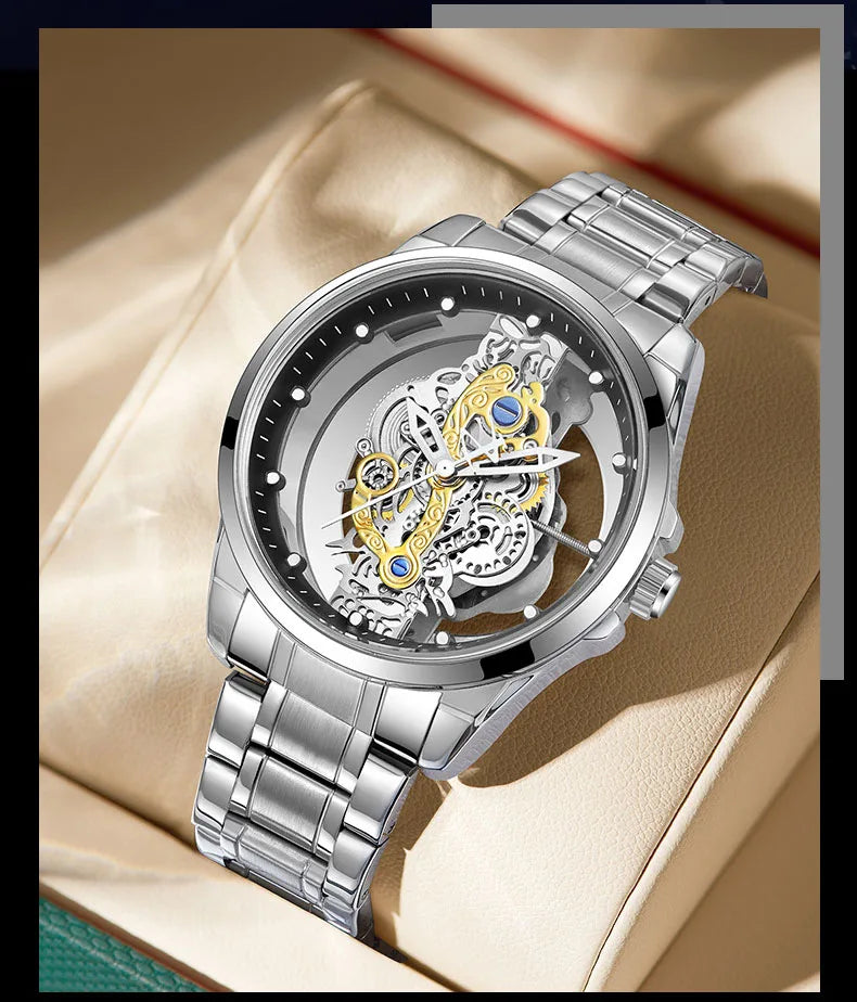 UTHAI Men Watch Sports Trend Double sided Transparent Hollow Steel Waterproof Luminous Male Fashion Quartz Clock Wristwatches