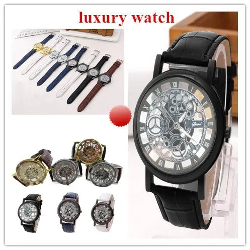 Men High-End Quartz Wristwatches Fashion Trend Stainless Steel Dial Sport Leather Band Watches Creative Hollow Out Dial Watch
