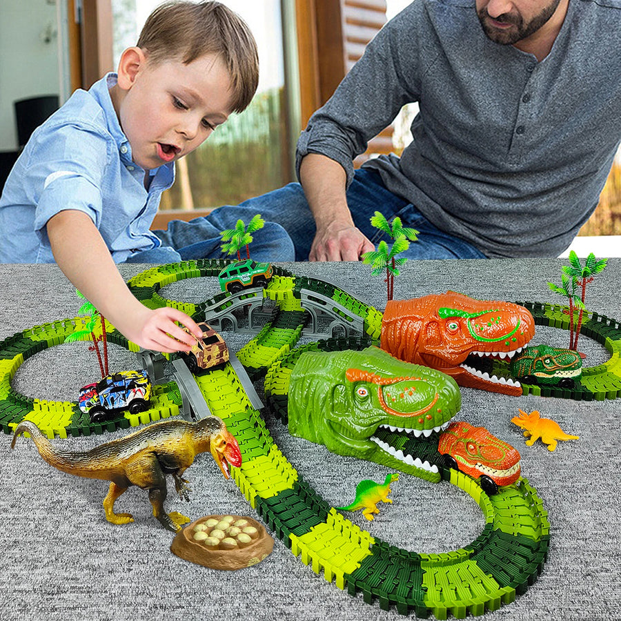 Railway Racing Track Play Set Educational DIY Bend Flexible Race Track Electronic Flash LED Light Car Dino Toys For Children