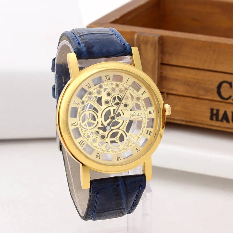 Men High-End Quartz Wristwatches Fashion Trend Stainless Steel Dial Sport Leather Band Watches Creative Hollow Out Dial Watch