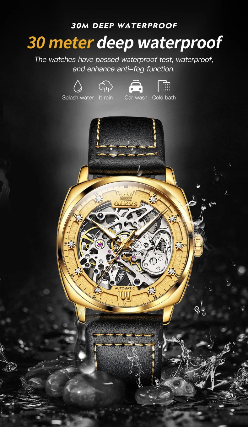 OLEVS 6651 Top Brand Men Watches Fashion Dress Automatic Mechanical Wristwatch Wateproof Luminous Hollow Flywheel Watch for man