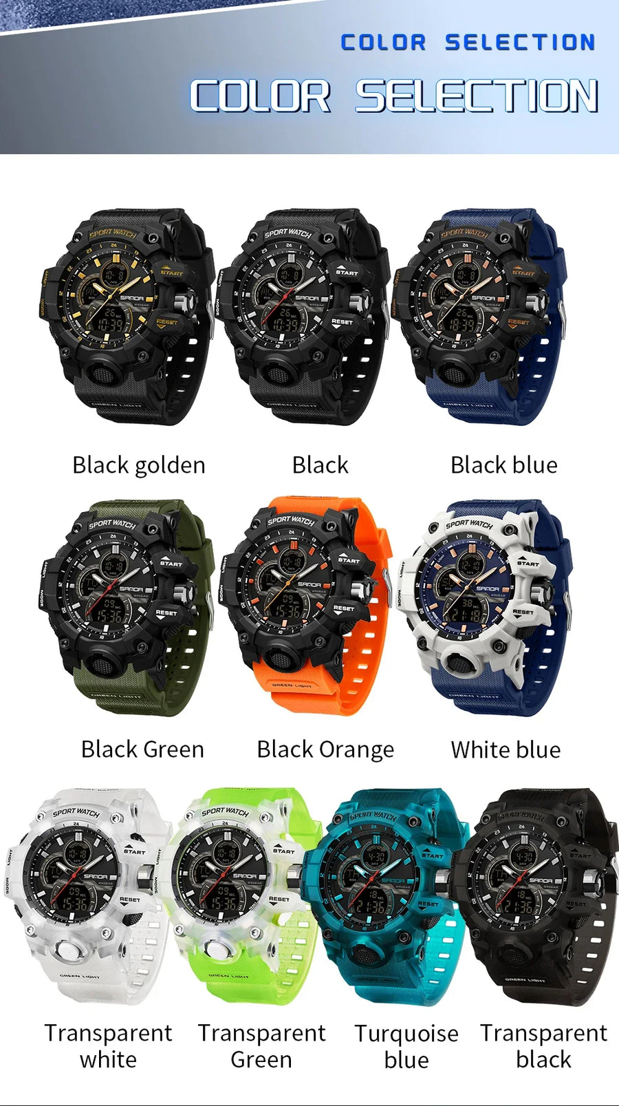 SANDA New 6198 Electronic Watch Fashion Trend Dual Screen Multi functional Outdoor Sports Waterproof Men's Watch