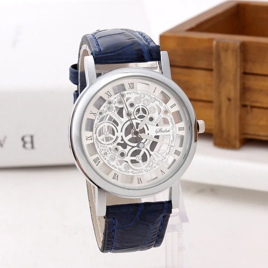 Men High-End Quartz Wristwatches Fashion Trend Stainless Steel Dial Sport Leather Band Watches Creative Hollow Out Dial Watch