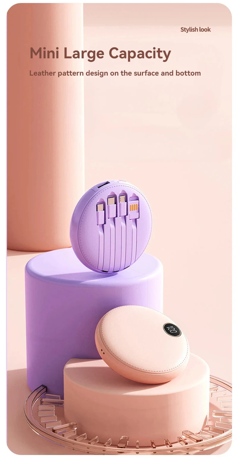 20000mAh Mini Powerbank Portable Round Self-wired  Fast Charging High Capacity Digital Display Power Bank For Iphone Xiaomi