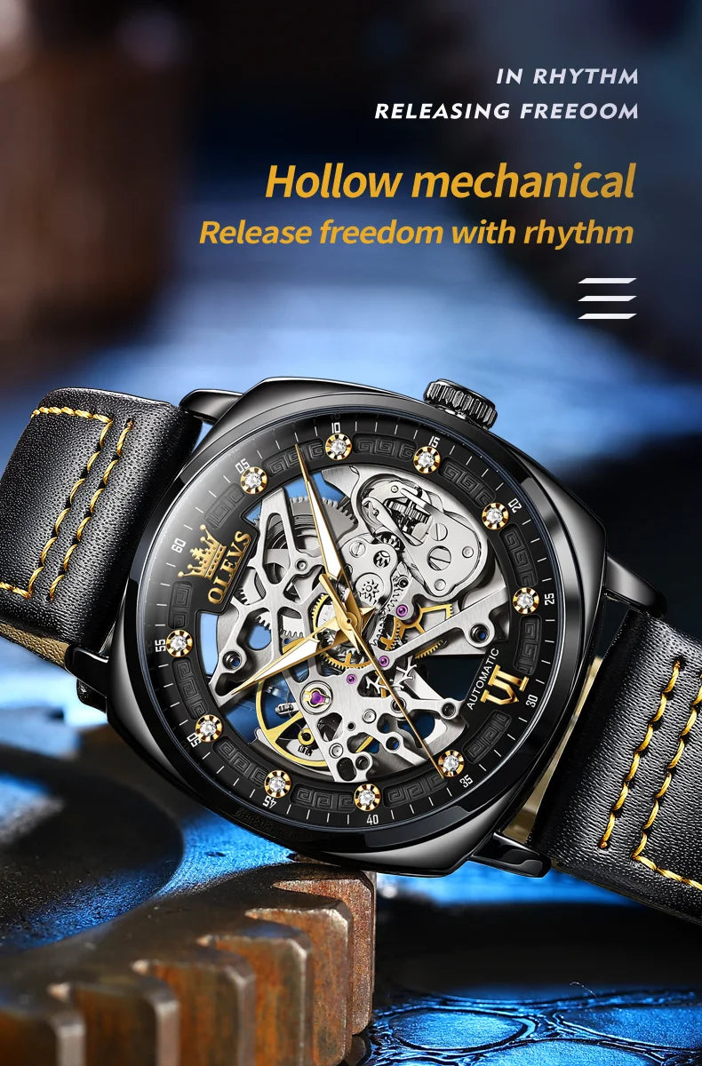 OLEVS 6651 Top Brand Men Watches Fashion Dress Automatic Mechanical Wristwatch Wateproof Luminous Hollow Flywheel Watch for man