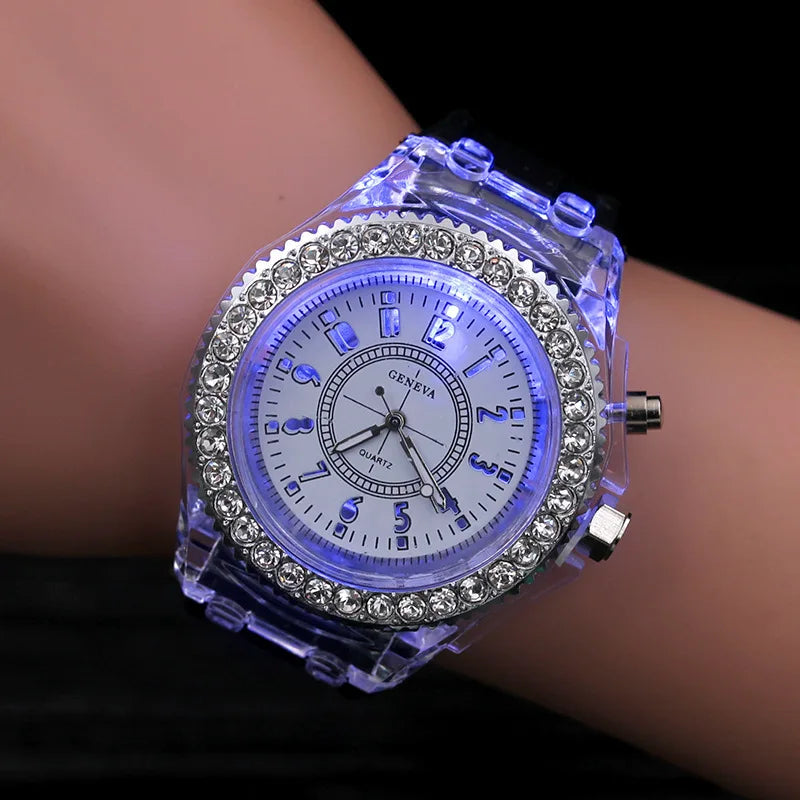 led Flash Luminous Watch Personality trends students lovers jellies woman men's watches 7 color light WristWatch bayan kol saati