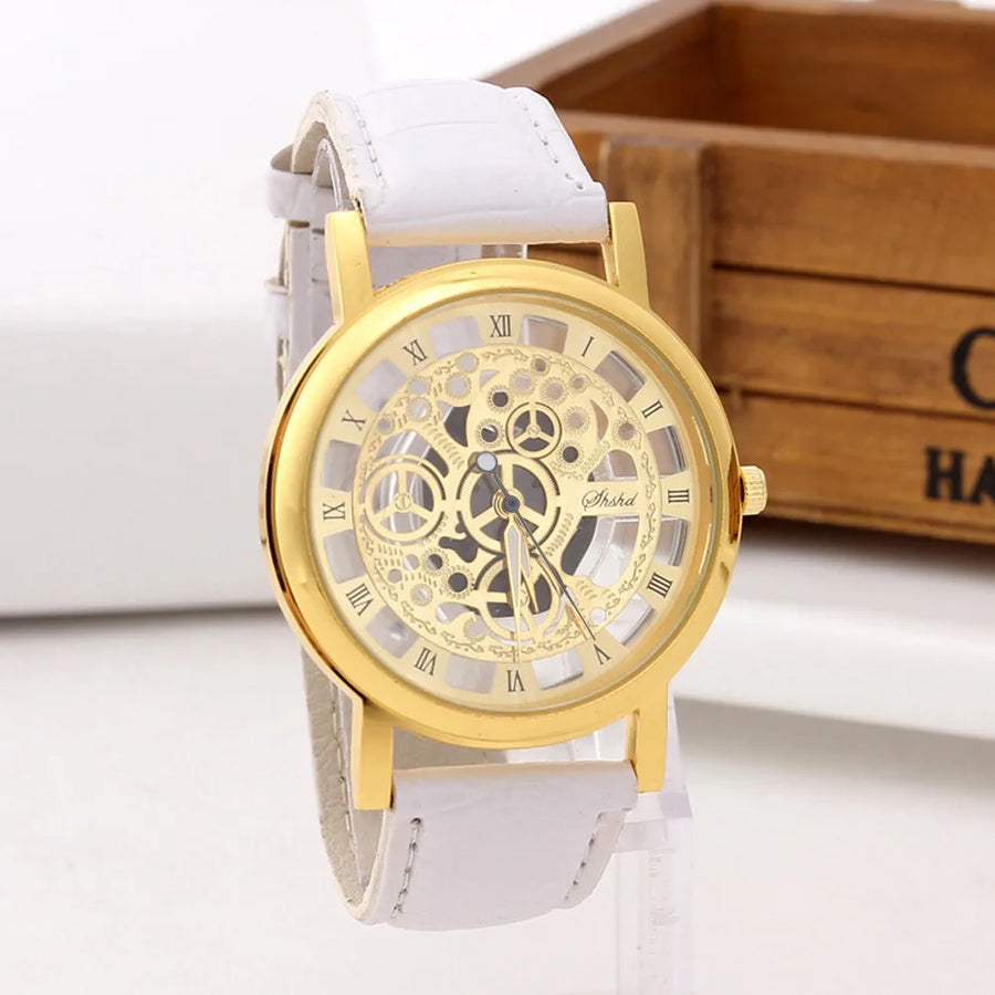Men High-End Quartz Wristwatches Fashion Trend Stainless Steel Dial Sport Leather Band Watches Creative Hollow Out Dial Watch