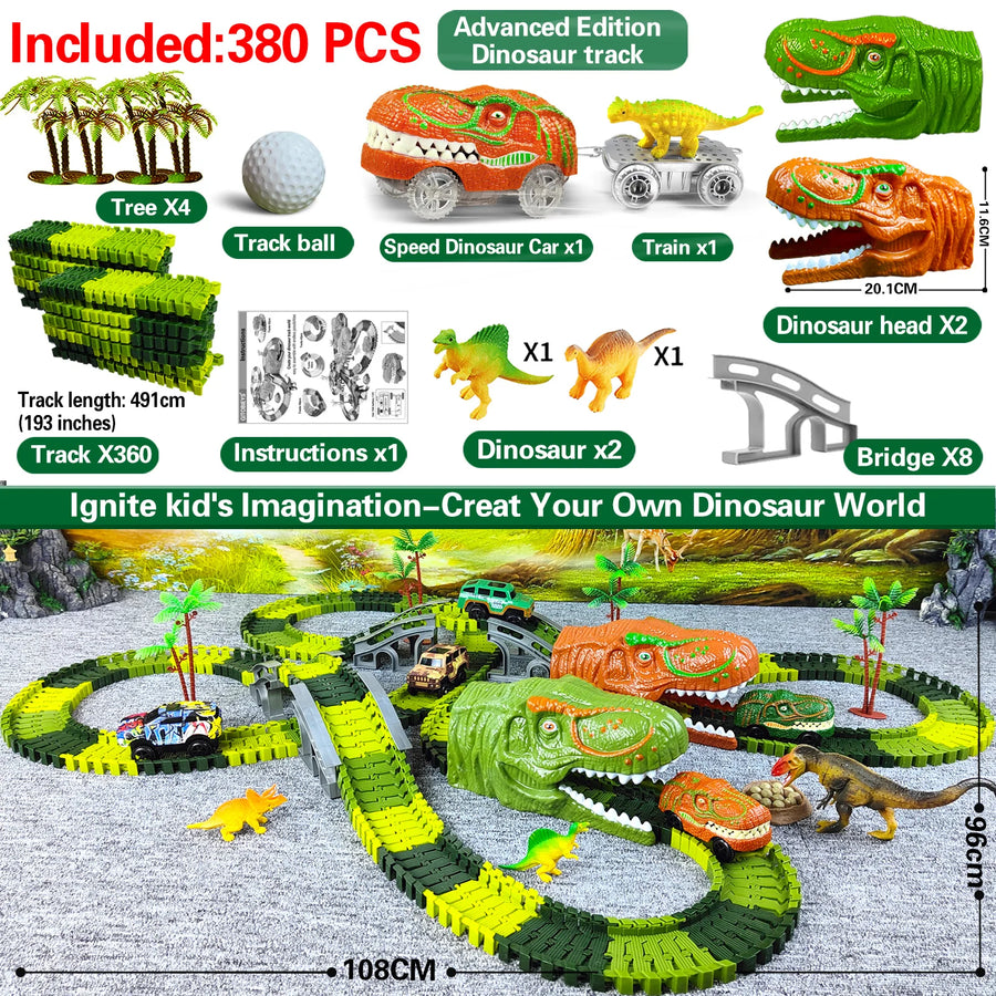 Railway Racing Track Play Set Educational DIY Bend Flexible Race Track Electronic Flash LED Light Car Dino Toys For Children