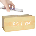 Wooden Digital Alarm Clock with Wireless Charging, LED Clock with Time, Date,Temperature, Desk Clocks for Office,Bedside Clock