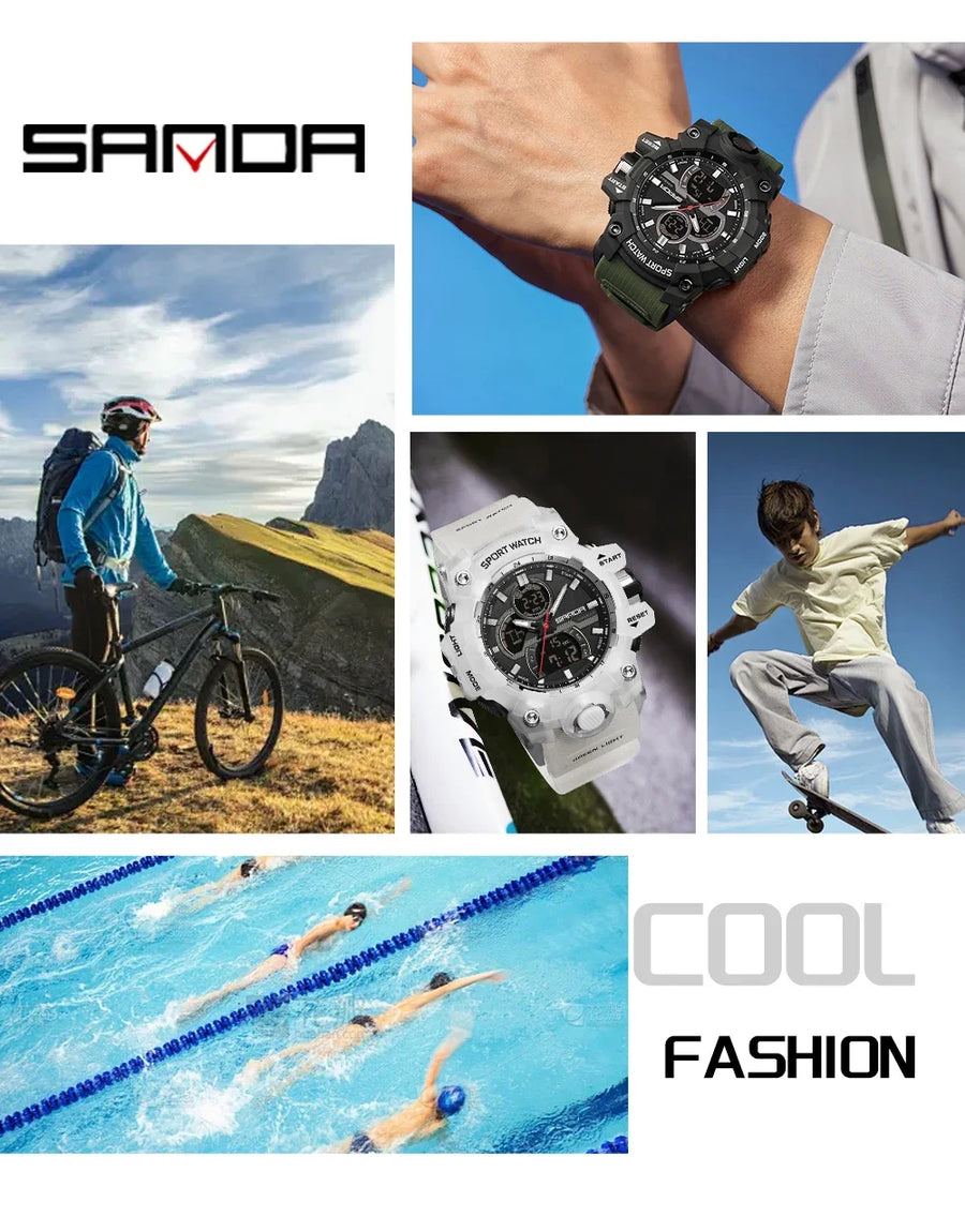 SANDA New 6198 Electronic Watch Fashion Trend Dual Screen Multi functional Outdoor Sports Waterproof Men's Watch