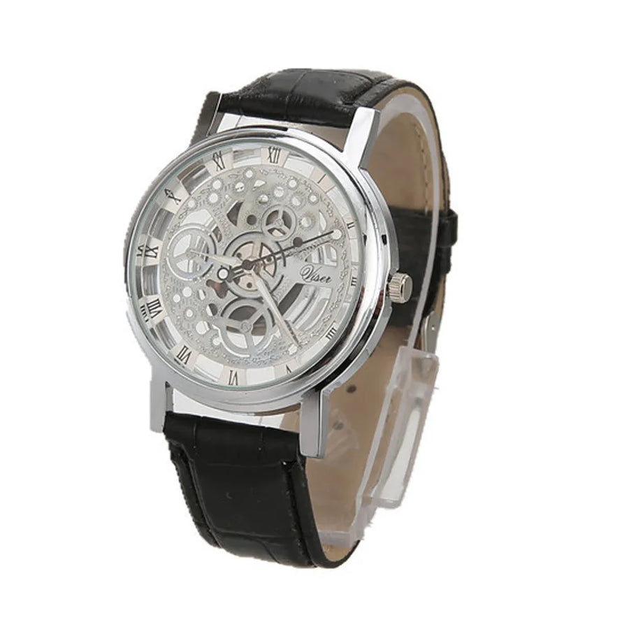 Men High-End Quartz Wristwatches Fashion Trend Stainless Steel Dial Sport Leather Band Watches Creative Hollow Out Dial Watch