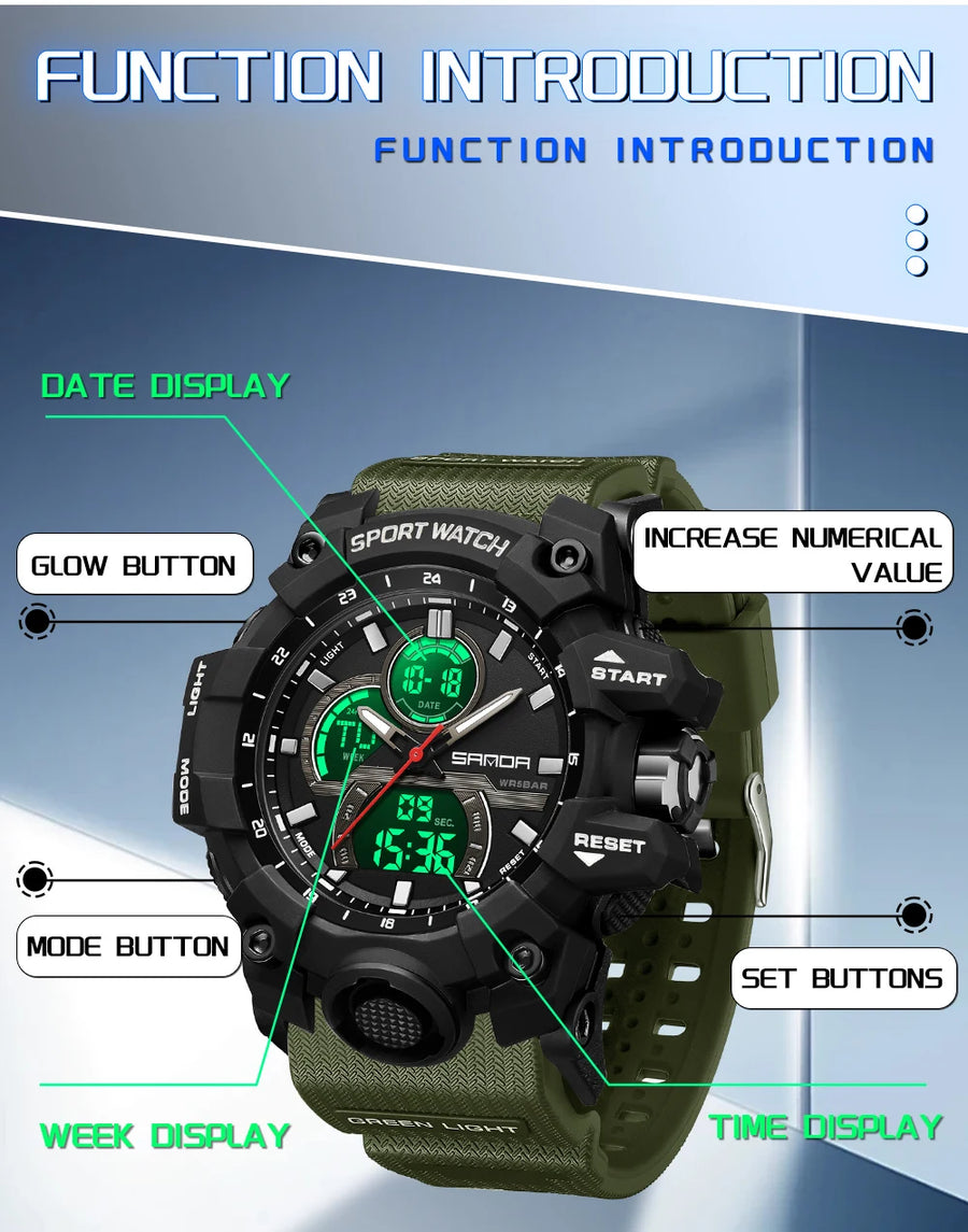 SANDA New 6198 Electronic Watch Fashion Trend Dual Screen Multi functional Outdoor Sports Waterproof Men's Watch