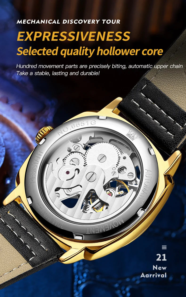 OLEVS 6651 Top Brand Men Watches Fashion Dress Automatic Mechanical Wristwatch Wateproof Luminous Hollow Flywheel Watch for man