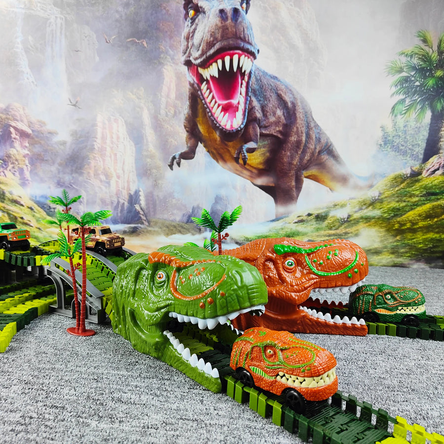 Railway Racing Track Play Set Educational DIY Bend Flexible Race Track Electronic Flash LED Light Car Dino Toys For Children
