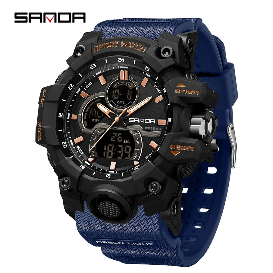 SANDA New 6198 Electronic Watch Fashion Trend Dual Screen Multi functional Outdoor Sports Waterproof Men's Watch