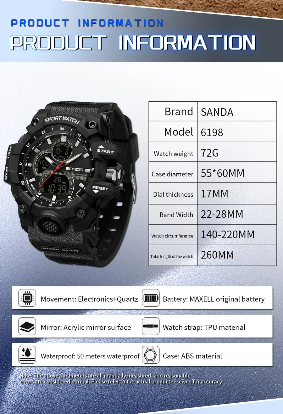 SANDA New 6198 Electronic Watch Fashion Trend Dual Screen Multi functional Outdoor Sports Waterproof Men's Watch