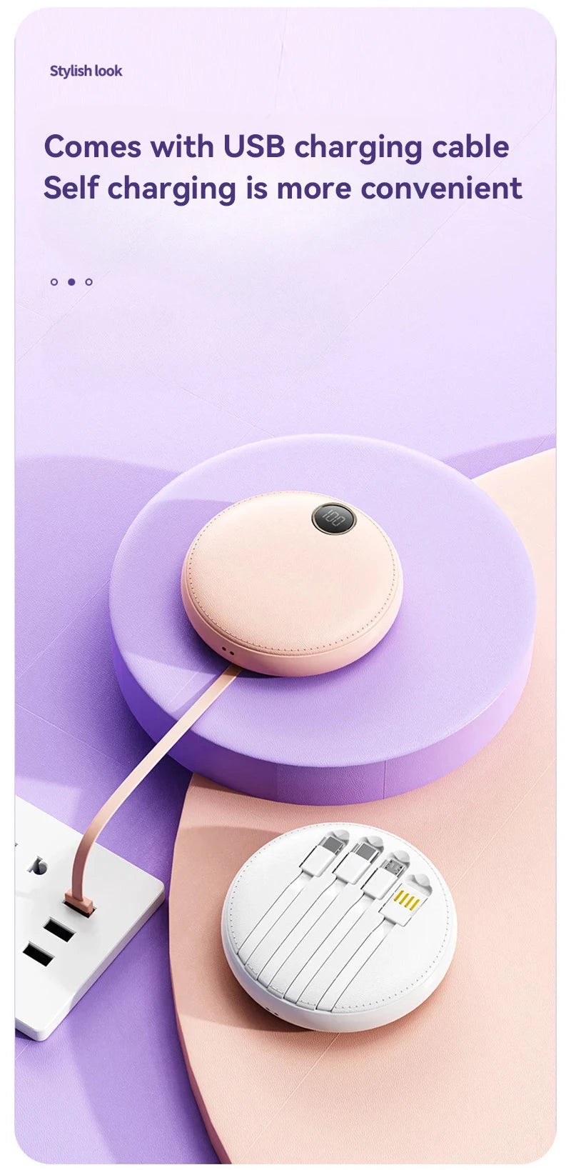 20000mAh Mini Powerbank Portable Round Self-wired  Fast Charging High Capacity Digital Display Power Bank For Iphone Xiaomi