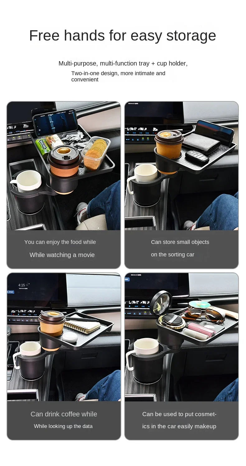 Car Cup Holder Expander Multi-Function Drink Holder with Food Table 360-Degree Adjustable Base Tray for Snack