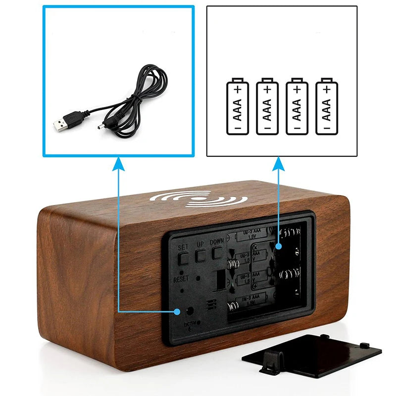 Wooden Digital Alarm Clock with Wireless Charging, LED Clock with Time, Date,Temperature, Desk Clocks for Office,Bedside Clock