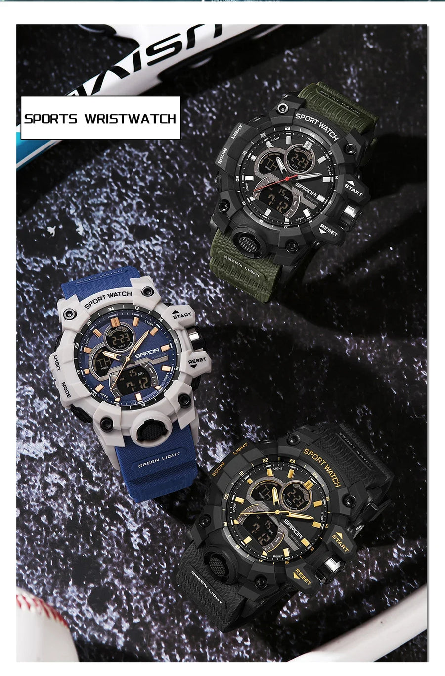 SANDA New 6198 Electronic Watch Fashion Trend Dual Screen Multi functional Outdoor Sports Waterproof Men's Watch
