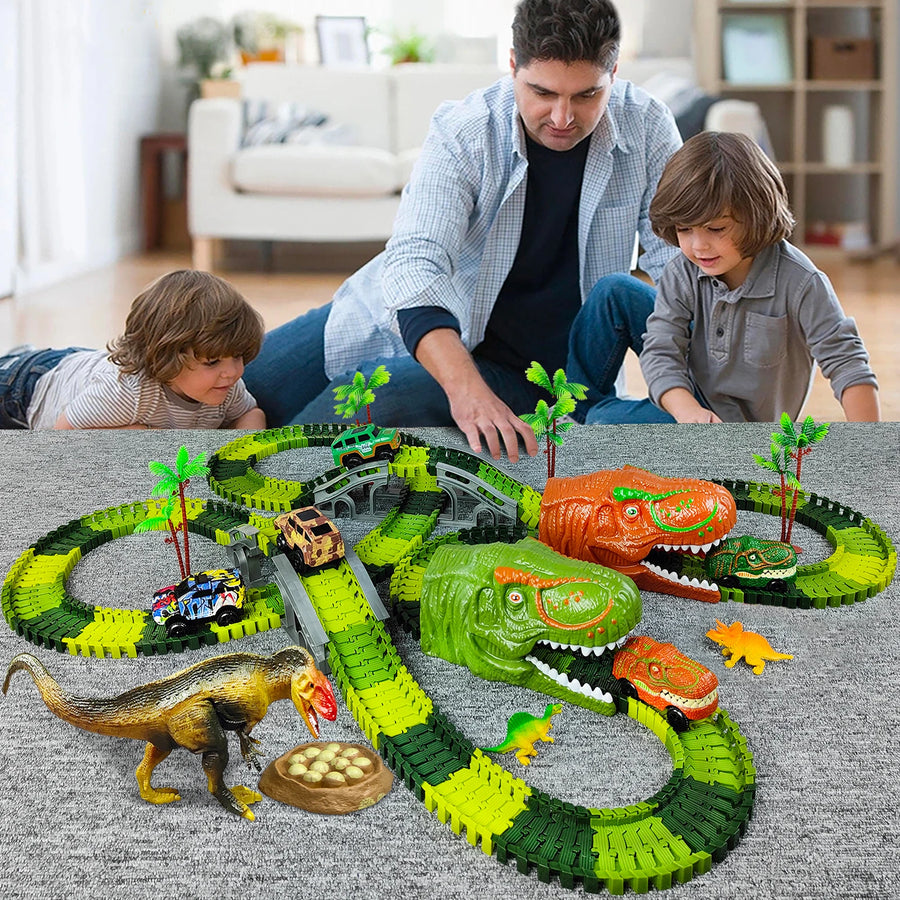 Railway Racing Track Play Set Educational DIY Bend Flexible Race Track Electronic Flash LED Light Car Dino Toys For Children