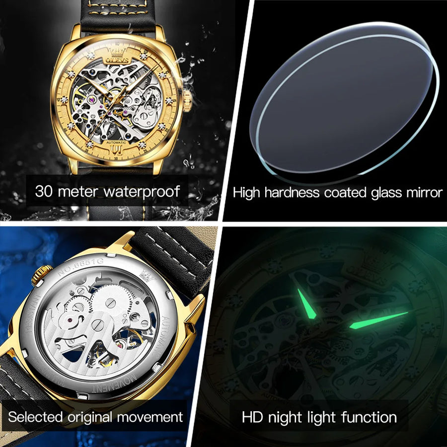 OLEVS 6651 Top Brand Men Watches Fashion Dress Automatic Mechanical Wristwatch Wateproof Luminous Hollow Flywheel Watch for man