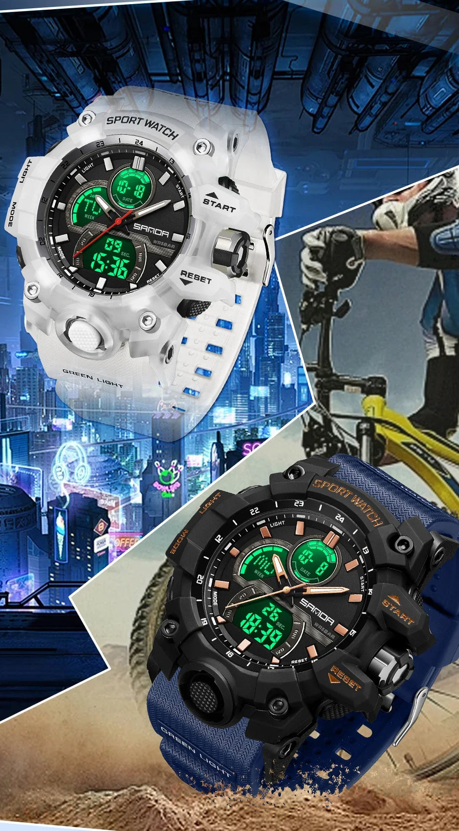 SANDA New 6198 Electronic Watch Fashion Trend Dual Screen Multi functional Outdoor Sports Waterproof Men's Watch
