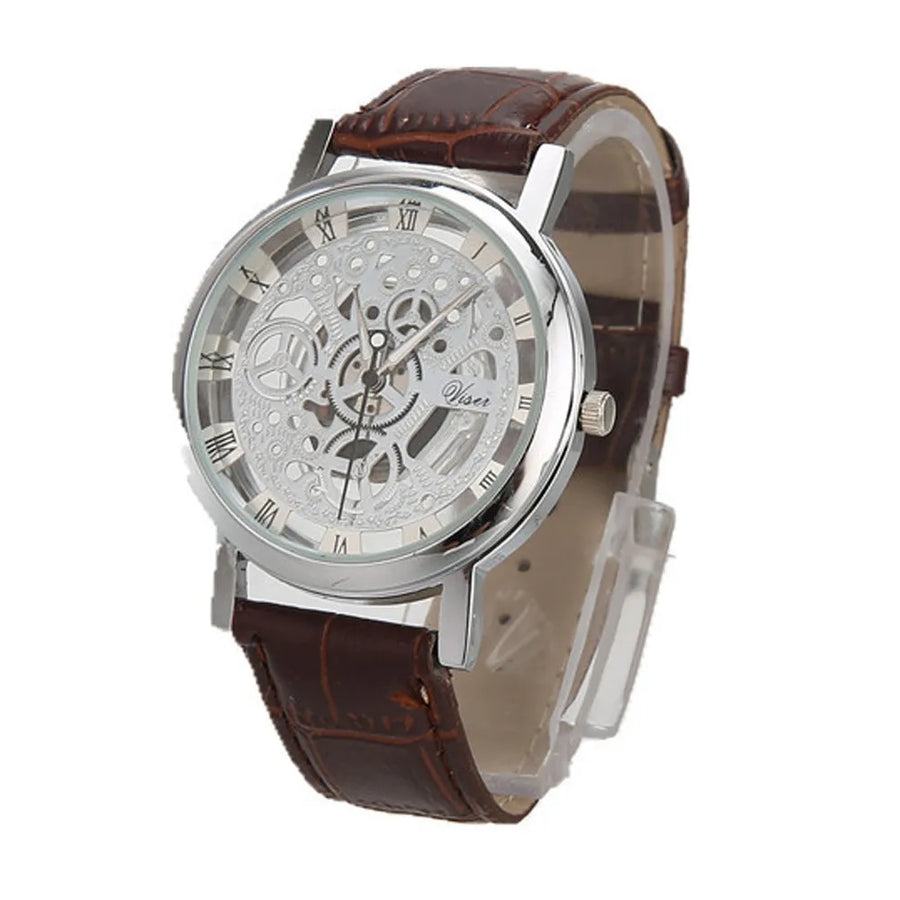 Men High-End Quartz Wristwatches Fashion Trend Stainless Steel Dial Sport Leather Band Watches Creative Hollow Out Dial Watch