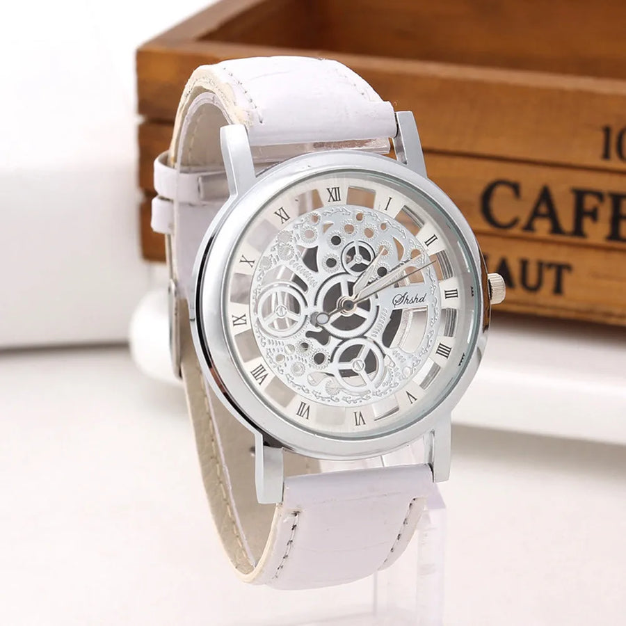 Men High-End Quartz Wristwatches Fashion Trend Stainless Steel Dial Sport Leather Band Watches Creative Hollow Out Dial Watch
