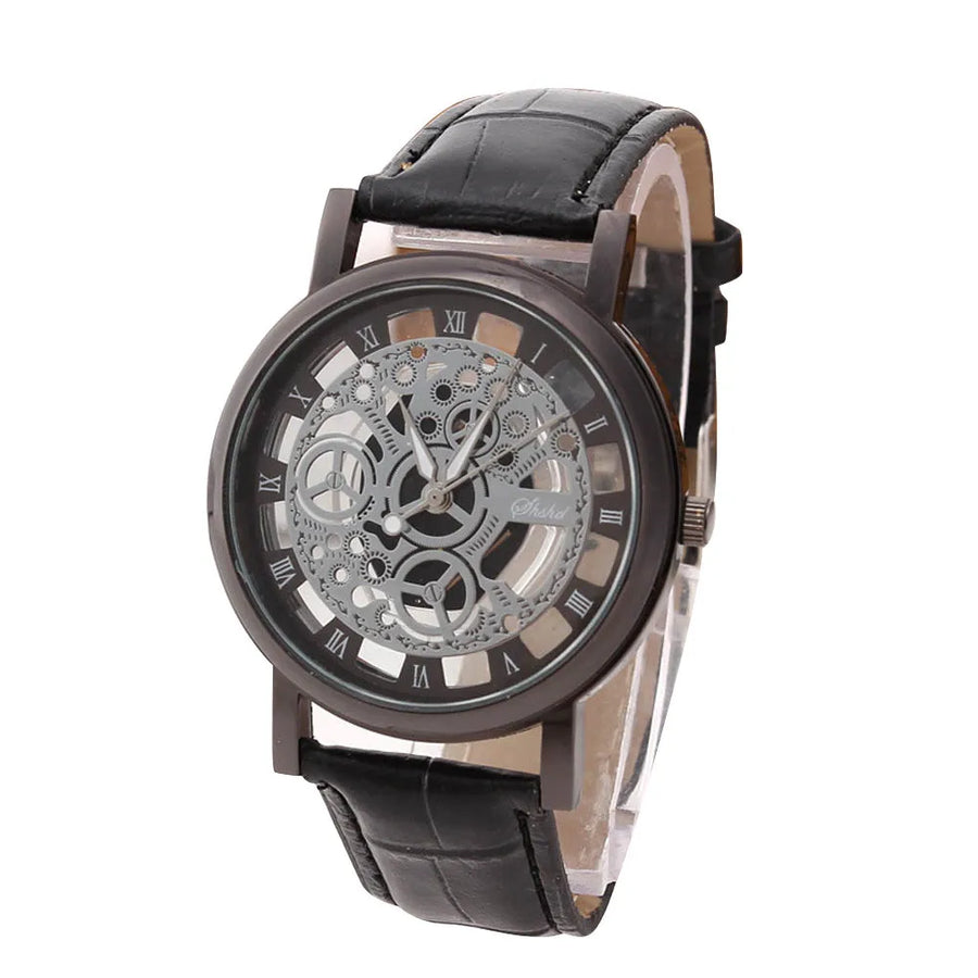 Men High-End Quartz Wristwatches Fashion Trend Stainless Steel Dial Sport Leather Band Watches Creative Hollow Out Dial Watch