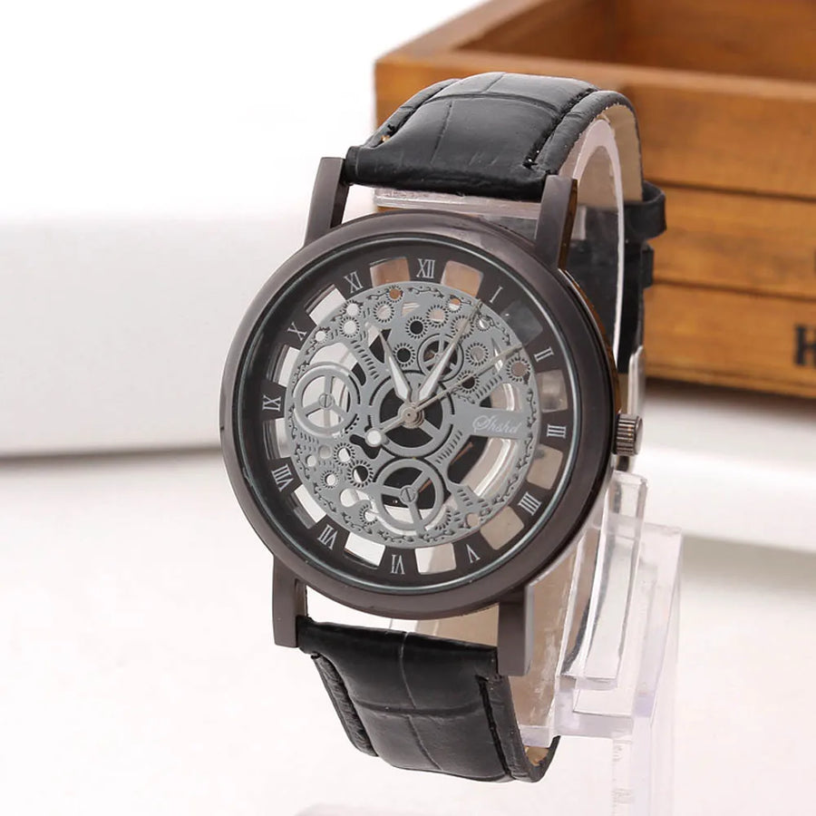 Men High-End Quartz Wristwatches Fashion Trend Stainless Steel Dial Sport Leather Band Watches Creative Hollow Out Dial Watch